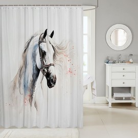 Manfei White Horse Shower Curtain with Hooks,Rustic Farmhouse Animal Bath Curtain,Natural Farm Painting White Bathroom Accessories Waterproof Panel,72x 78 Inches