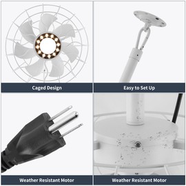 COCOSTAR 15" Outdoor Ceiling Fans with Lights and Remote Control, Waterproof Caged Ceiling Fan with 3 Color LED Light,Portable Hanging Gazebo Fan with Plug in Cord Hook for Patios, White
