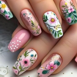 24 Pcs Pink Press On Nails Short Square,YEFIUO Spring Summer Floral White Fake Nails Press ons Nail Art Tips Acrylic Nail Kit Glue on Nails Full Cover False Nails with Flowers Glossy Design for Ma'am
