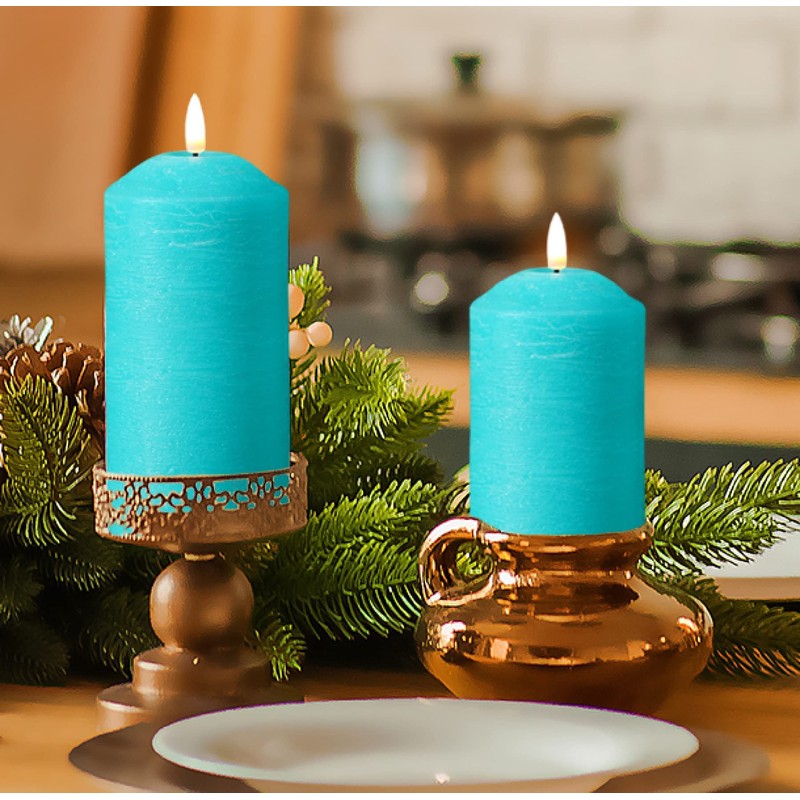 Eywamage Turquoise Blue Flameless Pillar Candles with Remote, Flickering LED
