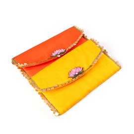 Handmade Purse Wallet Set of 2 Batawa Clutch Hand Stitched Traditional Ethnic Golden Lace Wedding Envelope for Women for Party Wedding Special Occasion and Gifting (Yellow & Orange set of 2)