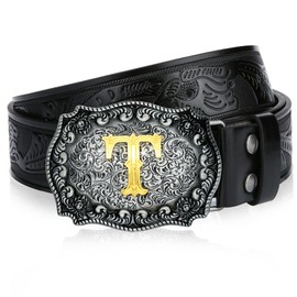 LCG LUCHENGYI Mens Western Cowboy Cowgirl Leather Belt Longhorn Bull Pattern Letter Big Buckle Belt Embossed Floral Belts