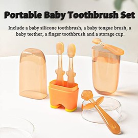 FOKiiBO Baby Silicone Toothbrush Set, Tongue Brush + Finger Toothbrush with Cup for Training Teething, 0-18M Infant Toddler Newborn Baby Teeth Brushes