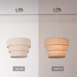 Yifi Deco Modern Pendant Light, 13.4" Drum Hanging Lamp Fixture with 3-Tier Linen Fabrics Lampshade, Elegant Pendant Lighting for Dining Room, Bedroom, Kitchen Island, Entryway, Hallway