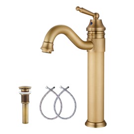 GGStudy Tall Body Single Handle One Hole Bathroom Vessel Sink Faucets Antique Brass Finish with Pop Up Drian Without Overflow
