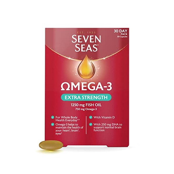 Seven Seas Omega-3 Fish Oil Extra Strength, One-A-Day, Vitamin D, 1250 mg Fish Oil, 750 Mg Omega-3 + 250 mg, 30 High Strength Tablets