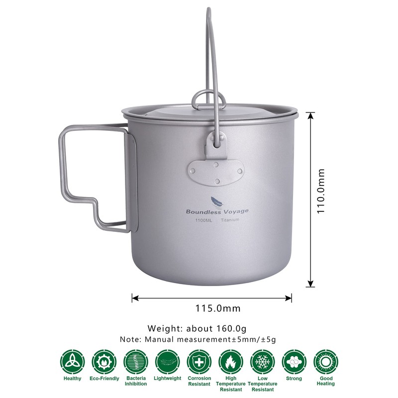 Boundless Voyage Outdoor 1100 ml Titanium Pot with Lid Folding