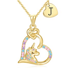 C-leen Birthday Gifts for Girls, 14K Gold Plated Colorful Unicorn Necklaces Heart Pendant Initial J Necklaces for 4 5 6 7 8 9 10 11 12 13 14 Year Old Girl Birhtday Gifts
