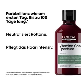 L'Oréal Professionnel Shampoo for Colour Brilliance with Glass Hair Effect for Coloured Hair, Neutralises Red Tone, Series Expert, Vitamino Colour Spectrum Green Dyes Neutralizing Shampoo, 300 ml