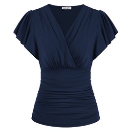 Women Ruffle Tops Summer Short Sleeve Wrap Blouse Casual V Neck Ruched Shirts Top Navy Blue XXL