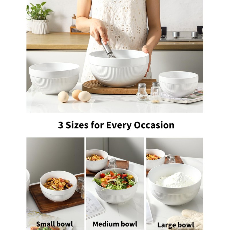 Large Ceramic Mixing Bowls, White Kitchen Bowls (1QT/2.3QT/4.6QT), Set of