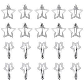 Pack of 20 Star-Shaped Snap Hair Clips, 3 cm & 3.2 cm, Y2K Hair Clips, Star Hair Clips, Metal Hair Clips for Women and Girls, Hair Styling (Silver)