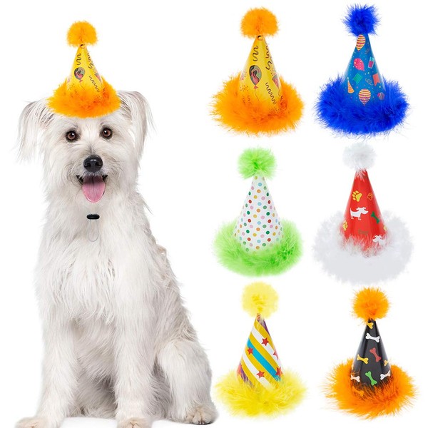 6 Pack Dog Party Hat Set - Cute Pet Cone Hats with Pompon for Dogs Cats Birthday Parties, Adjustable Colorful Caps Amazing Doggie Party Supplies Accessories 6 Count
