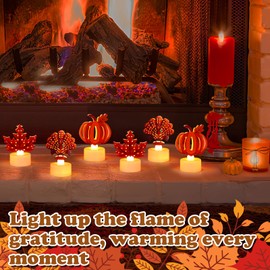 Thanksgiving Tea Lights Flameless Candles - Turkey Pumpkin Maple Leaf LED Fall Decorations for Home, Cute Autumn Indoor Table Candles Harvest Gift, 6PCS