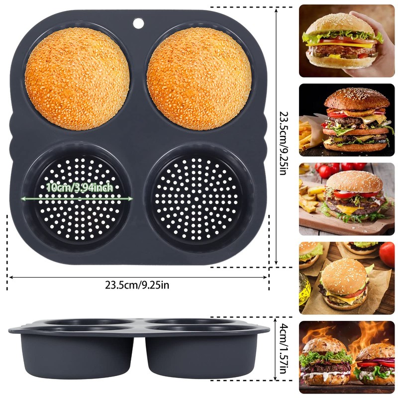 Abizarch 2Pcs Silicone Hamburger Bun Mold with 4 Cavities,Non-stick Hamburger