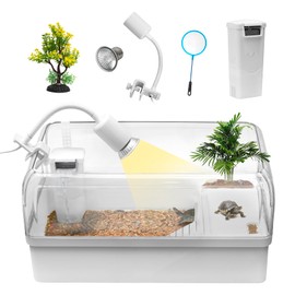 Clioran Turtle Tank Habitat Kit,Aquatic Tortoise Enclosure Starter Aquarium with Multi-Function Area,Hideout,UV Basking Platform Light,Water Filter,Fish Net,Drainage,Plant for Turtle Reptile Crab