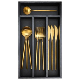 Ayiaren Small Wooden Silverware Organizer Tray Narrow Kitchen Drawer Dividers Utensil Organizers and Storage Black Cutlery Trays Spoon Flatware Organizer for Drawer Bamboo Cutlery Utensil Holder Tray