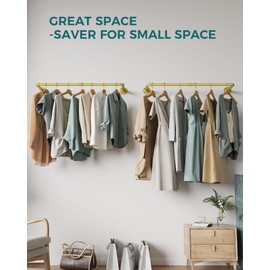 OROPY Industrial Pipe Clothes Rack Wall Mounted Set of 2, 38.4 inches Heavy Duty Iron Pipe Clothing Garment Rail, Multi-Purpose Clothing Hanging Rod for Laundry Room and Closet Storage, Gold