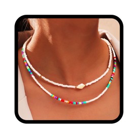 Handcess Boho-Perlenketten, bunte mehrlagige Halskette, Muschel-Strand-Halskette für Damen, Einheitsgröße, Perlen, Kein Edelstein