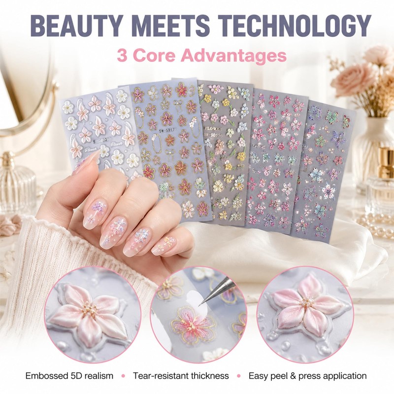 Cosblisvia 6 Sheets 5D Floral nail stickers For Beginners Brides