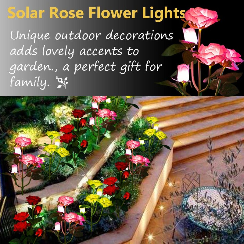 Outdoor Solar Garden Stake Lights, Outdoor Decorative Rose Flowers Lights