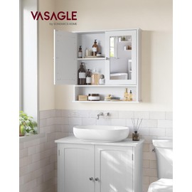 VASAGLE Bathroom Cabinet with Mirror, Wall Cabinet with 2 Mirrored Doors, Adjustable Shelf, Open Compartment, Wall-Mounted, 5.1 x 22.2 x 23 Inches, White ULHC002