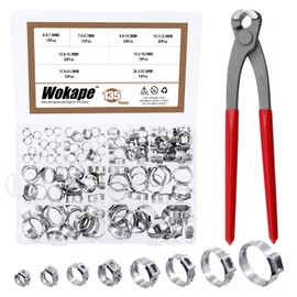 Wokape 135Pcs 6-28.6mm Single Ear Hose Clamps with Ear Clamp Pincer, 304 Stainless Steel PEX Pinch Clamps Cinch Rings Crimping Tool Stepless Hose Clamp for Securing Pipe Hoses and Automotive