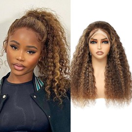 MOMOSHERO 360 Wig Human Hair Full Lace Deep Wave Honey Blonde Highlight Ombre 360 Lace Front Wig Hd Transparent Lace Pre Plucked 180% Density 12A Thick Colored 360 Lace Wigs #4/27 Color 18 In