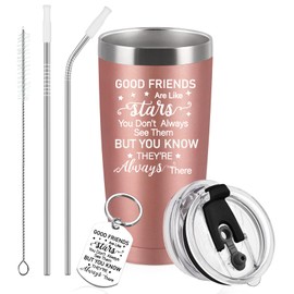 Diztoud Gifts for Best Friend, Sister, Christmas Gifts, Birthday, Good Friends Are Like Stars, 20 oz / 600 ml, Double-Walled Stainless Steel Wine Cup with Lid and Straw, Keyring