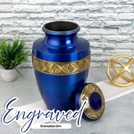 CLEENTABLE Metal Alloy Decorative Urns for Human Ashes - Decorative Memorial Urn for Adult Human Ashes Man & Woman Funeral Urn - Secure Screw-Top Lid, Hold Remains up to 200lbs 11" (Blue & Gold)