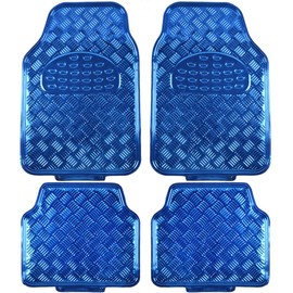 BDK 4-Piece All-Weather Universal Fit Front & Rear Floor Mats for Cars Trucks SUVs Vans, All-Weather Easy-to-Clean Diamond Metal Pattern Durable Heavy Duty Non-Slip Protection - Metallic Blue