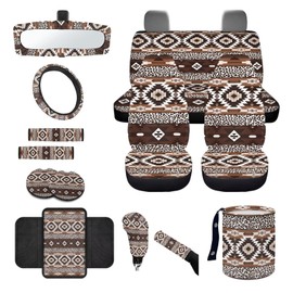 Wanyint Aztec Brown Leopard Print Car Seat Covers Full Set, with Steering Wheel Cover Safe Belt Pads Handbrake Cover Set Coasters Garbage Bin Rear View Mirror Cover Center Console Cover, 14 PCS