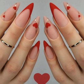 Valentines Day Press on Nails Medium Almond French Tip Fake Nails Nude Pink Full Cover Red Heart False Nails with Gold Line Designs Glossy Glue on Nails Acrylic Artificial Nails for Women Girls 24Pcs