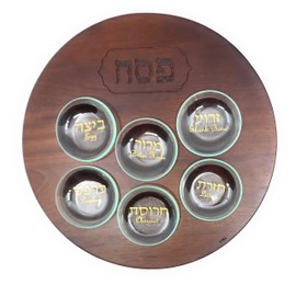 Ayuni Gifts of the World Natural Acacia Wood Seder Plate for Passover 12" includes 6 glass inserts (Dark Brown Finish)
