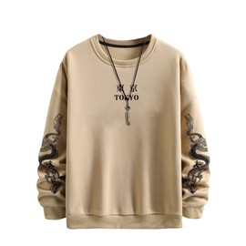 WDIRARA Men's Dragon Letter Graphic Print Sweatshirt Long Sleeve Round Neck Tops Casual Pullovers Khaki L
