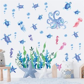 Condessacity Blue Wall Sticker, Turtle, Sea, Octopus, Bubble, Seaweed, 3D Wallpaper Sticker, Removable, Stylish, Wall Sticker, Cafe Style, Living Room, Bedroom, Wallpaper, Waterproof, Wall Sticker