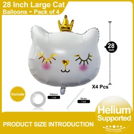 Giant Cat Balloons 28 Inch Adorable Crown Kitty White Cat Balloons for Kitten Pet Cat Theme Birthday Party Decorations
