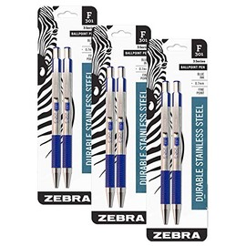 Zebra F-301 Ballpoint Stainless Steel Retractable Pen, Fine Point, 0.7mm, Blue Ink, 2-Count, Pack of 3 (6 pens total)