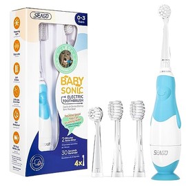 SEAGO Toddler Electric Toothbrushes for Baby Ages 0-3 Years, Baby Toothbrush with Smart Timer and Suction Base, 4 Replacement Brush Heads SG-513 (Blue