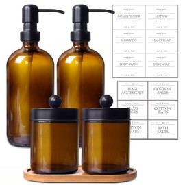 UrSpeedtekLive Bathroom Accessory Set 5 Pcs, 2 Pcs 16oz Amber Glass Soap Dispensers with Stainless Steel Pumps, 2 Pcs Qtip Holder Dispensers with Waterproof Labels & Bamboo Tray
