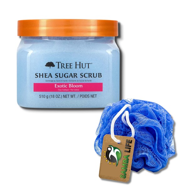 Tree Hut Sugar Scrub Exotic Bloom Bundle with Samba Life Mesh Bath and Shower Sponge for a Exfoliating Body Scrubber Spa-Like Experience at Home.