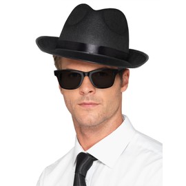 Smiffys 20s Wide Brim Fedora Hat, Black with Elastic Inner Rim, 1950's Rock'n'Rolla Fancy Dress, Gangster Dress Up Hats