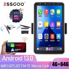 ESSGOO 4G+64G Single 1 DIN Rotatable 10.1 Android 13 CarPlay Car Stereo Radio GPS NAV