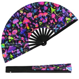 Tugaizi Rave Folding Fan UV Glow Fan Mushroom Folding Hand Fan Bamboo Folding Clack Hand Fan for Music Festivals, Carnival, Disco Party, Neon Party and Drag Queene Dance Performances