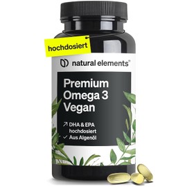 natural elements Premium Omega 3 Vegan - 60 Capsules - 2000mg Algae Oil, 800mg DHA and 400mg EPA per Daily Dose - Omega-3 for Vegans - High Dose, No Unnecessary Additives - Laboratory Tested Quality