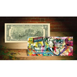 JUSTICE LEAGUE ** Vintage Rency / Banksy ART on GENUINE U.S. $2 Bill HAND-SIGNED