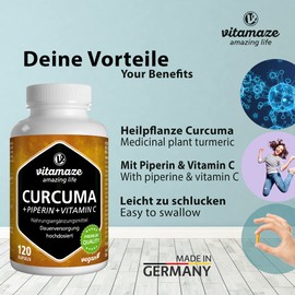 High-Dose Turmeric + Piperine Curcumin + Vitamin C Capsules Vegan - 120 Capsules for 6 Weeks - Quality Product Made in Germany without Magnesium Stearate 1