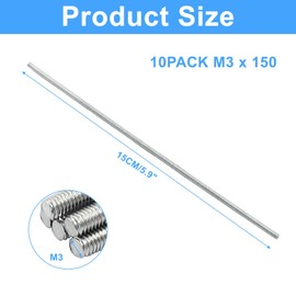 Litoexpe 10 Pack Fully Threaded Rod M3 x 150mm, 304 Stainless Steel Right Hand Threaded Rods Bar Studs