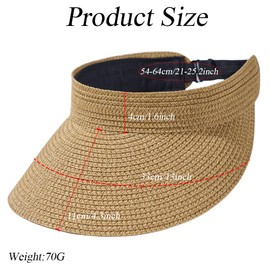 VASANA Sun Visor Hats for Women Foldable Straw Visor Hat Wide Brim Summer Beach Cap Roll Up Packable Ponytail Hats (Cafe)