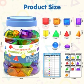 YunHe XinQiao Toys Factory 60 Pcs 3D Shapes for Kids Translucent Geometric Solids for Teaching Geometry Light Table Manipulatives for Preschool Classroom Colorful Math Learning Toy Set